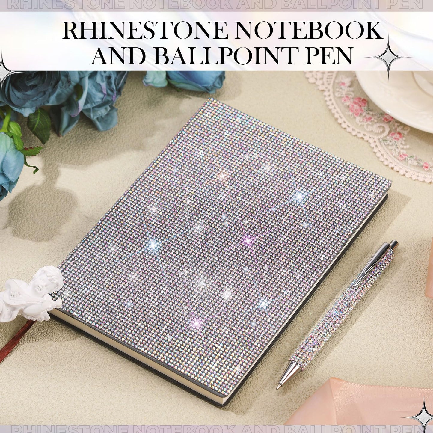 Kosiz Notebook and Rhinestone Pen Sets, A5 Diamond Crystal Notebook, Crystal Pen, Bling Office Accessories (Rose Red)
