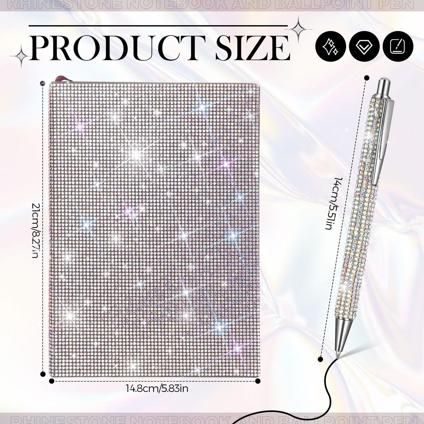 Kosiz Notebook and Rhinestone Pen Sets, A5 Diamond Crystal Notebook, Crystal Pen, Bling Office Accessories (Rose Red)