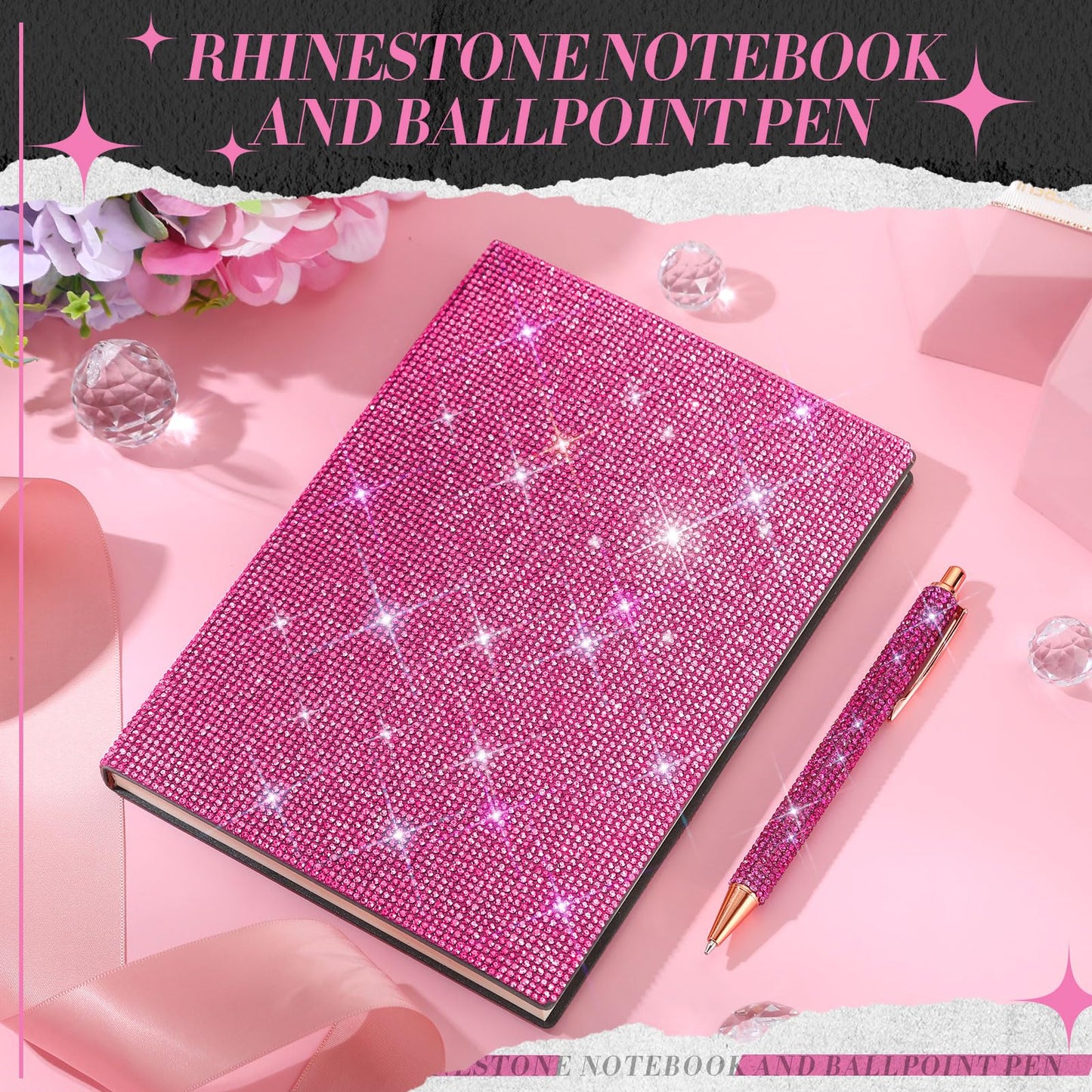 Kosiz Notebook and Rhinestone Pen Sets, A5 Diamond Crystal Notebook, Crystal Pen, Bling Office Accessories (Rose Red)