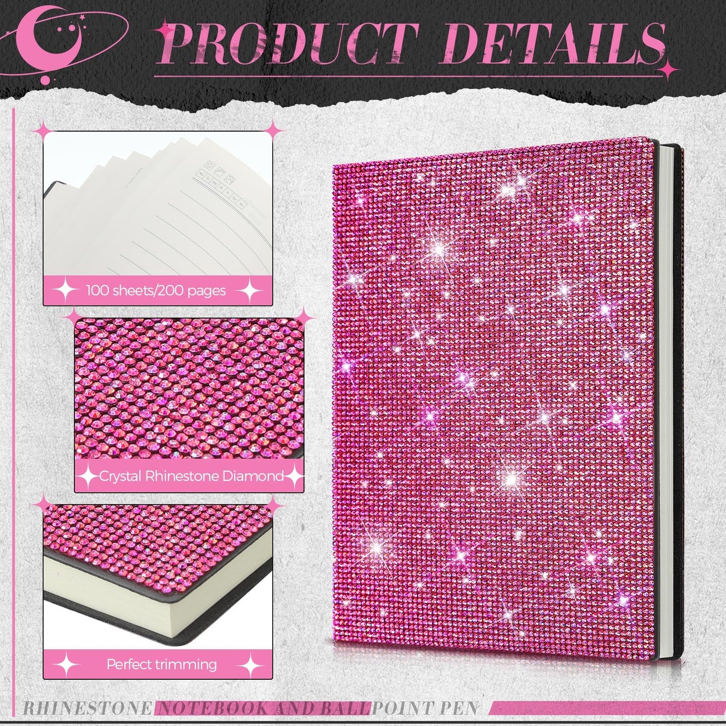 Kosiz Notebook and Rhinestone Pen Sets, A5 Diamond Crystal Notebook, Crystal Pen, Bling Office Accessories (Rose Red)