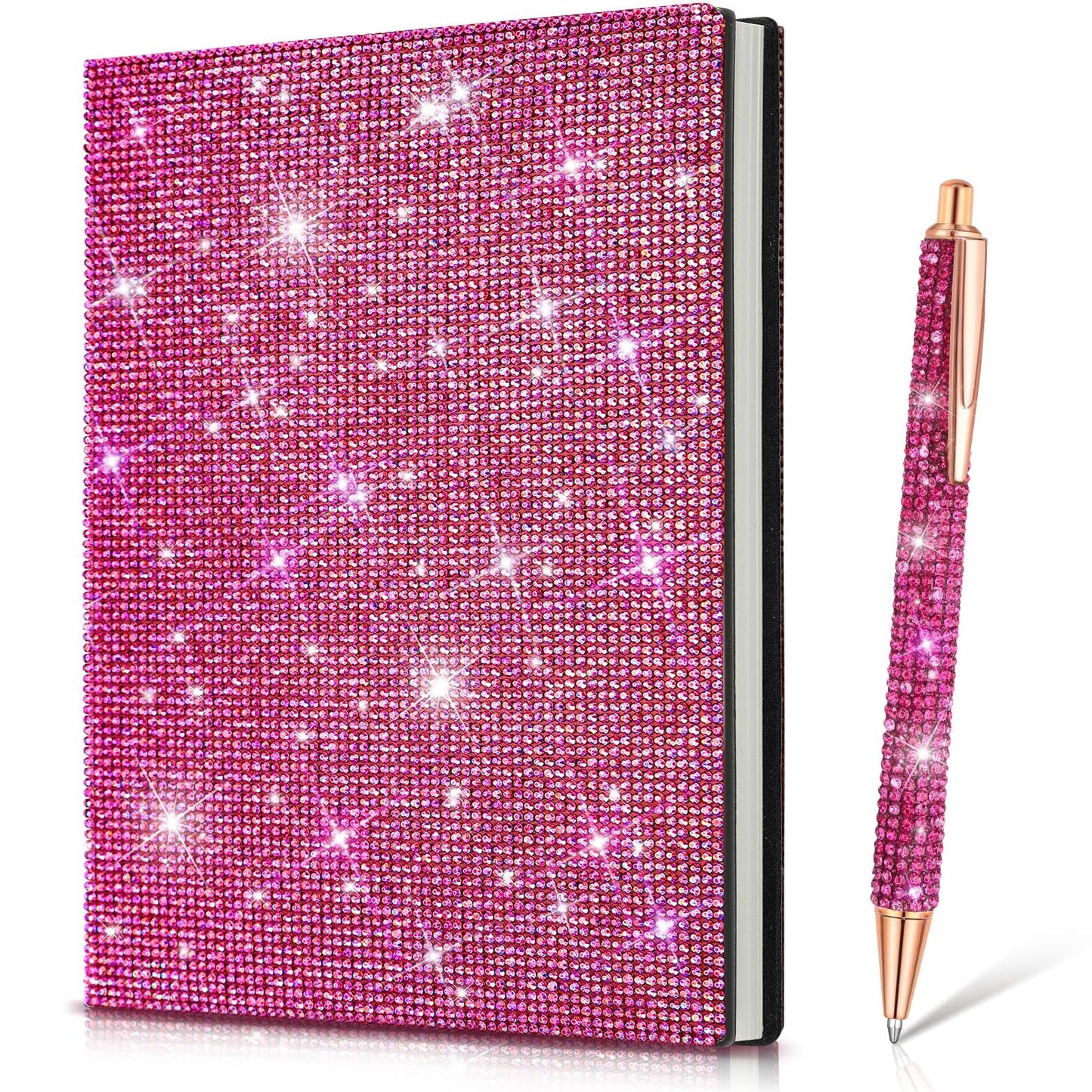 Kosiz Notebook and Rhinestone Pen Sets, A5 Diamond Crystal Notebook, Crystal Pen, Bling Office Accessories (Rose Red)