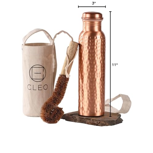 CLEO HOME 100% Pure Copper Water Bottle for Drinking, 32 Oz Large Hammered Ayurvedic Copper Bottle with Canvas Bag & Cleaning Brush, Leak-Proof Insulated Pure Copper Vessel