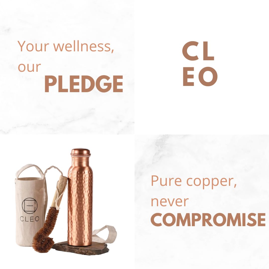 CLEO HOME 100% Pure Copper Water Bottle for Drinking, 32 Oz Large Hammered Ayurvedic Copper Bottle with Canvas Bag & Cleaning Brush, Leak-Proof Insulated Pure Copper Vessel