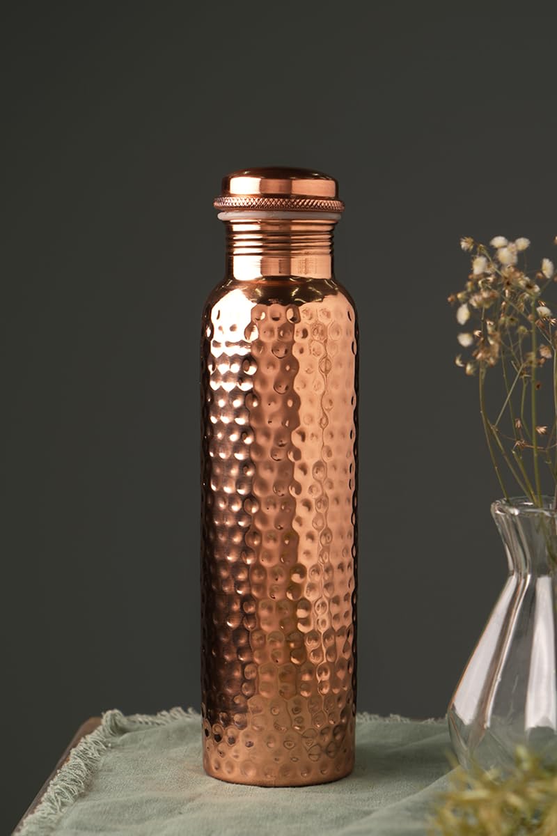 CLEO HOME 100% Pure Copper Water Bottle for Drinking, 32 Oz Large Hammered Ayurvedic Copper Bottle with Canvas Bag & Cleaning Brush, Leak-Proof Insulated Pure Copper Vessel