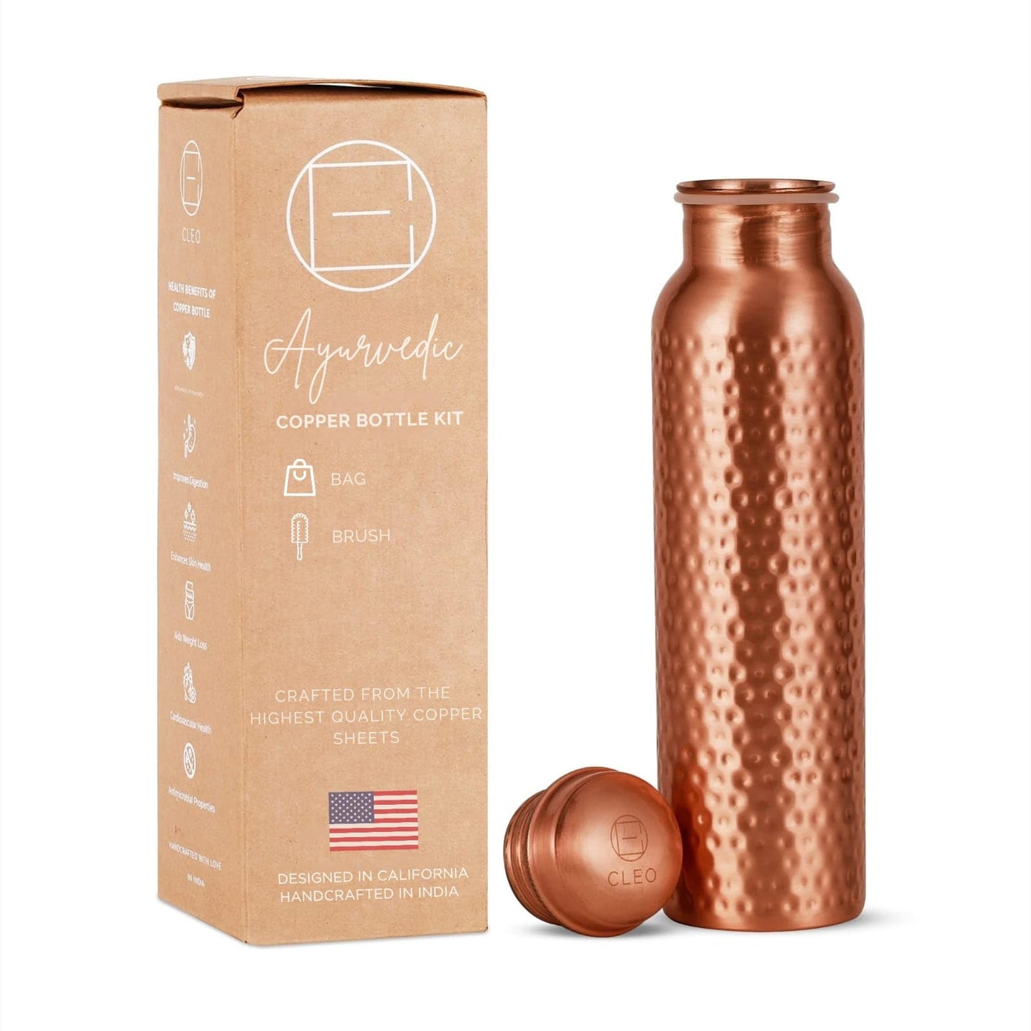 CLEO HOME 100% Pure Copper Water Bottle for Drinking, 32 Oz Large Hammered Ayurvedic Copper Bottle with Canvas Bag & Cleaning Brush, Leak-Proof Insulated Pure Copper Vessel