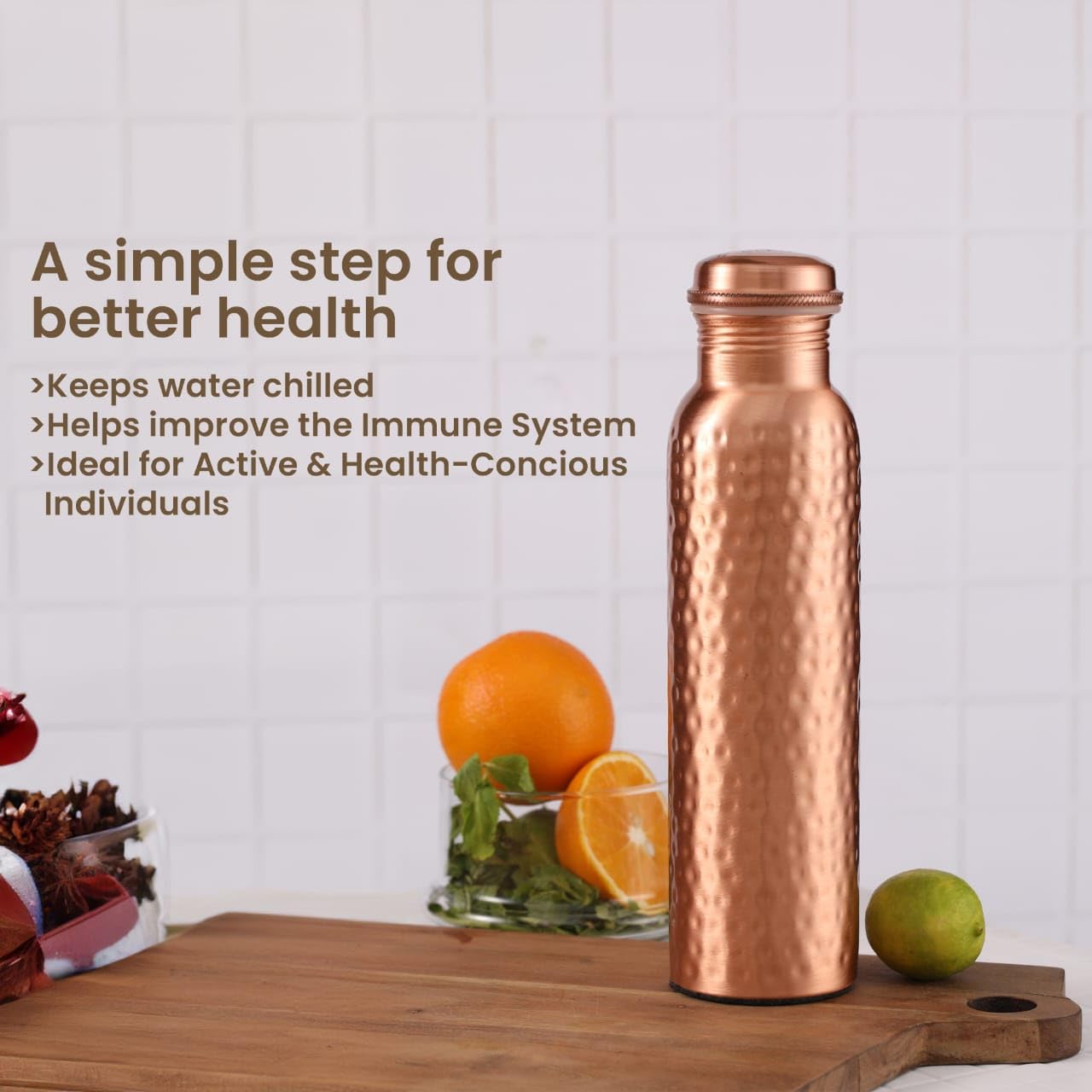 CLEO HOME 100% Pure Copper Water Bottle for Drinking, 32 Oz Large Hammered Ayurvedic Copper Bottle with Canvas Bag & Cleaning Brush, Leak-Proof Insulated Pure Copper Vessel