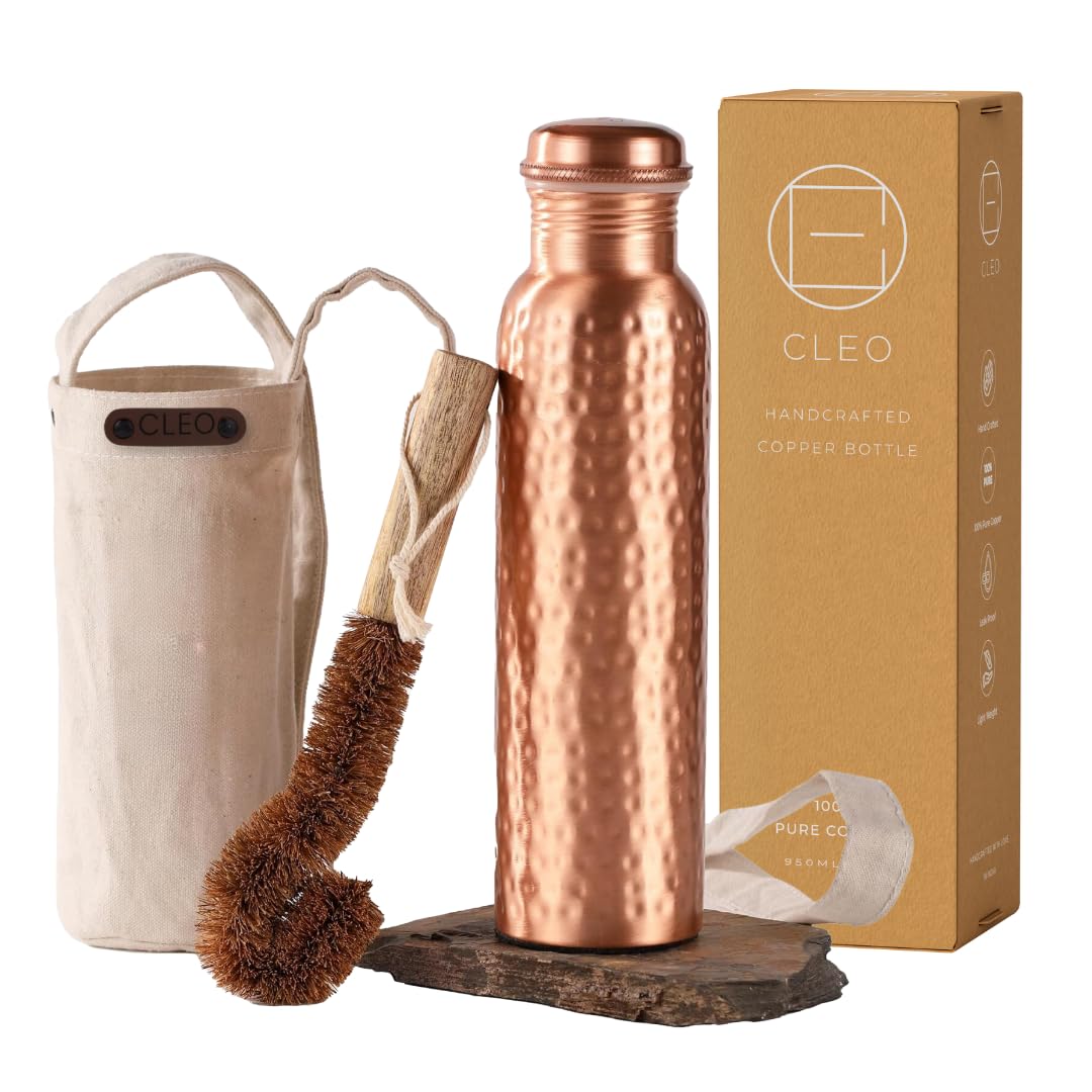 CLEO HOME 100% Pure Copper Water Bottle for Drinking, 32 Oz Large Hammered Ayurvedic Copper Bottle with Canvas Bag & Cleaning Brush, Leak-Proof Insulated Pure Copper Vessel