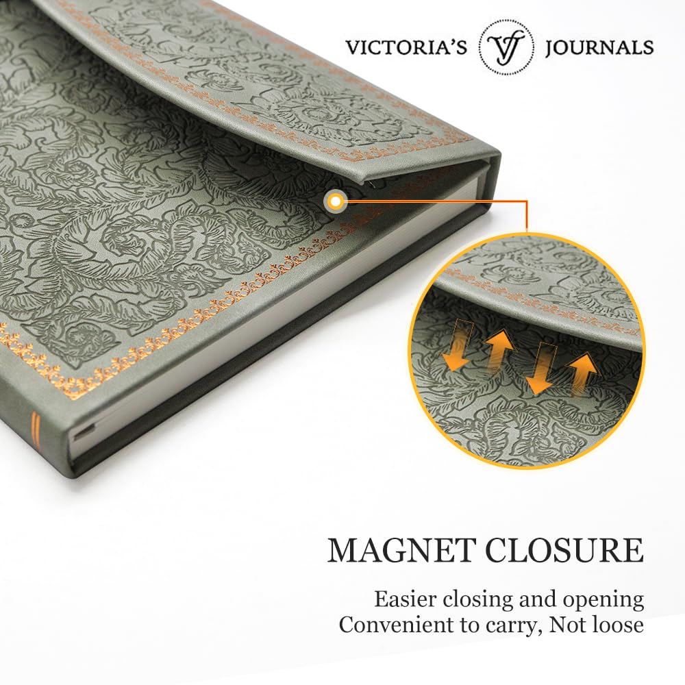 VICTORIA'S JOURNALS Magnet Journal, Carving Vintage Notebook Faux Leather Hard Cover Personal Diary Lined Pages Ribbon Bookmark, 8'' x 5.7''