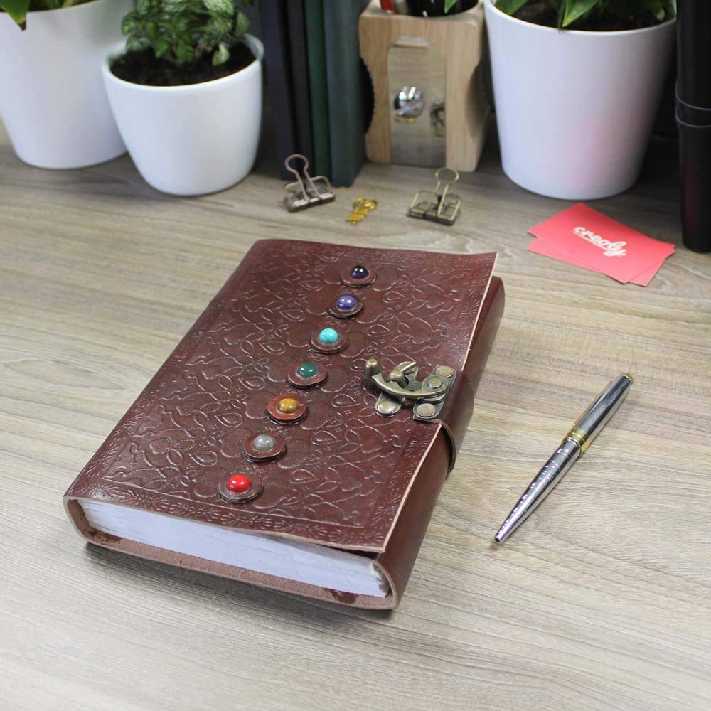 Leather Book of Shadows Journal, Supernatural Notebook with Chakra Gem Stones Healing Crystals and Latch, by AzureGreen (Brown Single Lock)