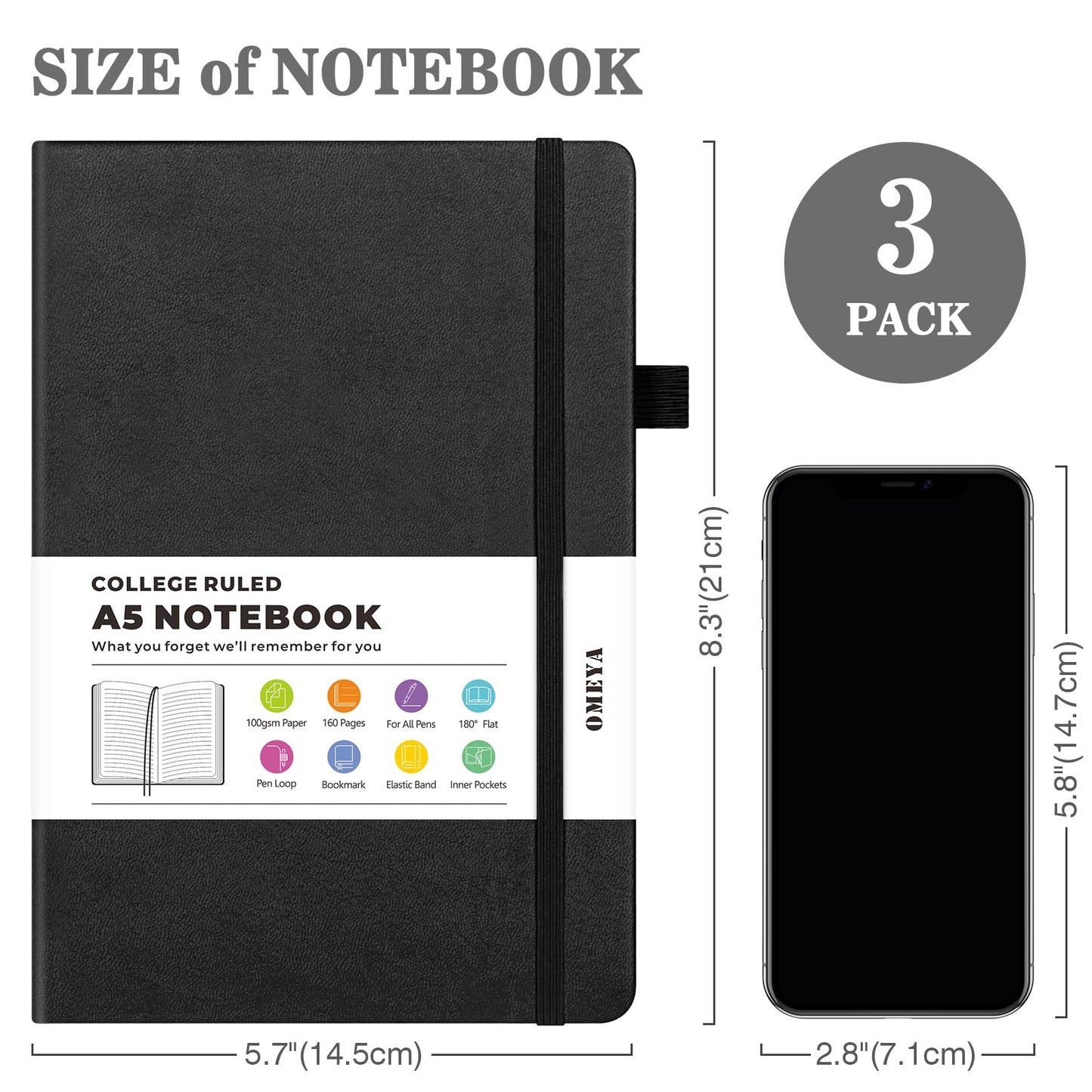 Lined Journal Notebook, 3 Pack A5 College Ruled Notebooks for Work, Hardcover Notebook Each with 2 Pockets & Pen, Leather Journal for Women, Men, 160 Pages, 100GSM Thick Paper (Black, Brown, Grey)