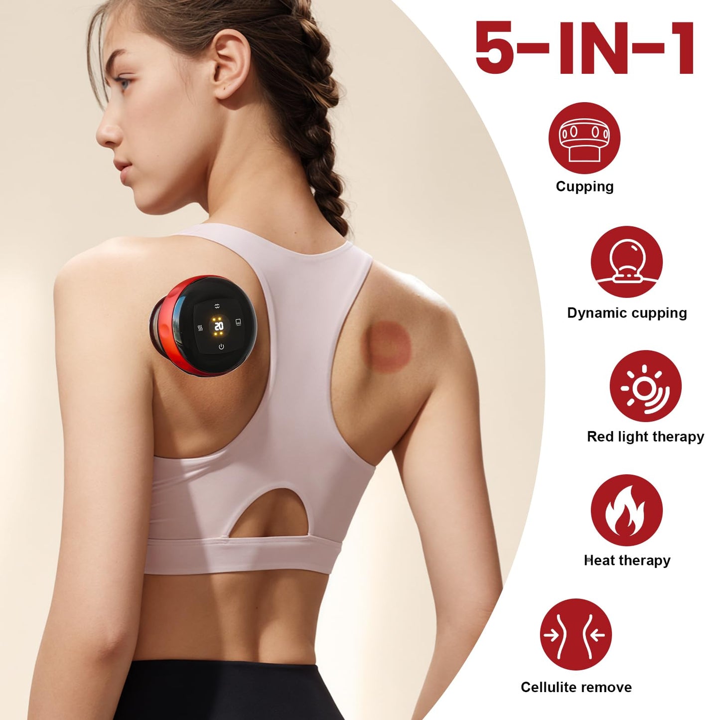 5-in-1 Smart Dynamic Cupping Therapy Set with Red Light, Cupping Kit for Massage Therapy, Electric Cupping Device with 20 Level Temperature and Suction for Back Muscle Soreness (Red)