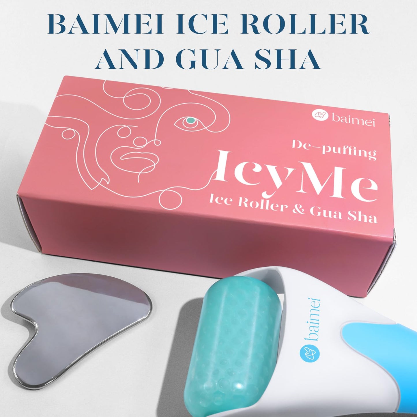 BAIMEI IcyMe Ice Roller for Face Women and Gua Sha Facial Tool Set, Ice Face Roller Reduces Puffiness, Relieves Migraines, Skin Care Tools, Self Care Gift for Women - Pink