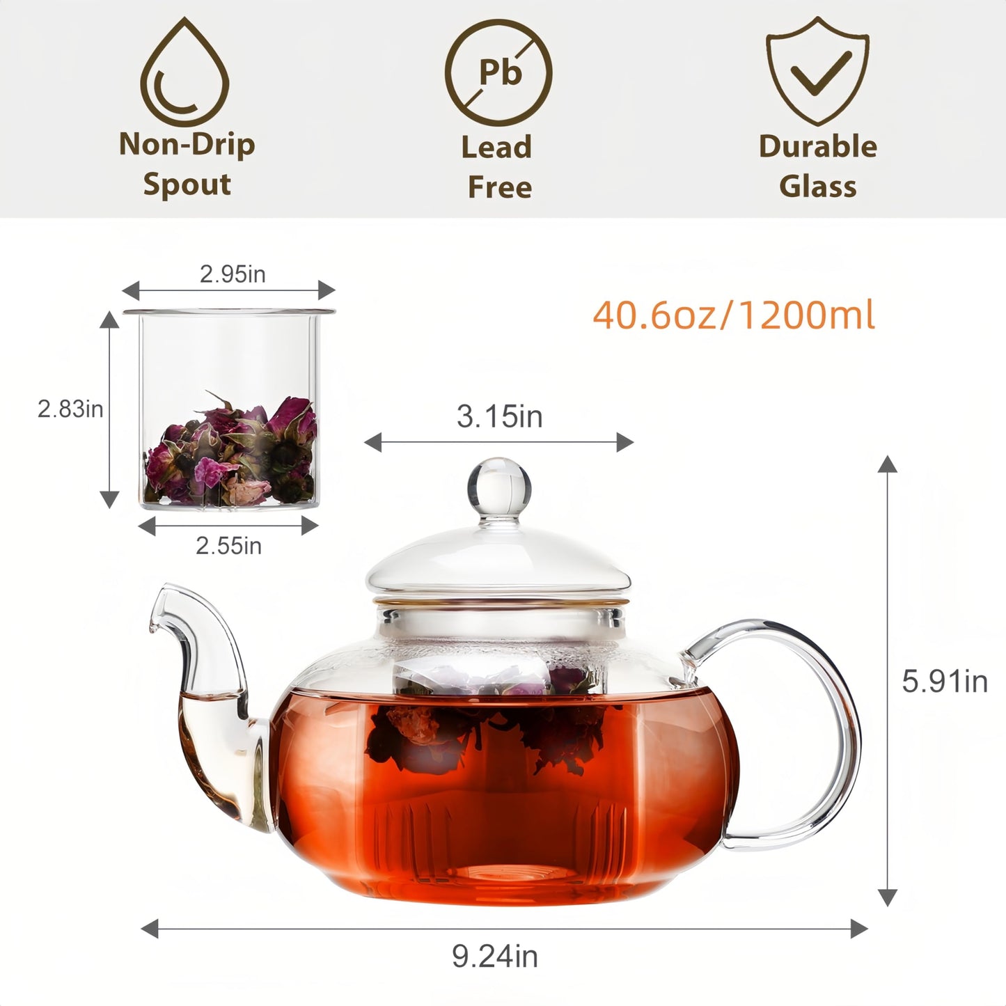 CNGLASS Glass Teapot Stovetop Safe,Clear Teapot with Removable Infuser 20.3 oz,Loose Leaf and Blooming Tea Maker