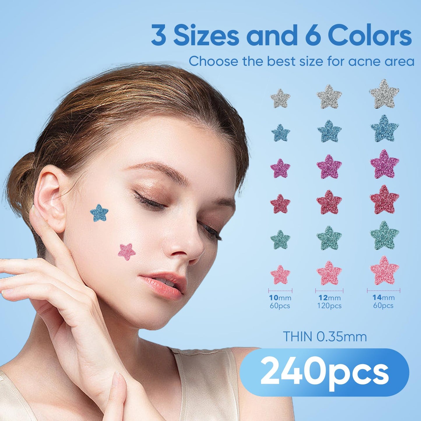 Pimple Patches for Face, Hydrocolloid Acne Patches, Cute Star Zit Covers, Colorful Spot Stickers with Tea Tree, Salicylic Acid & Cica Oil| 3 Sizes (10mm, 12mm & 14mm) |200 Count