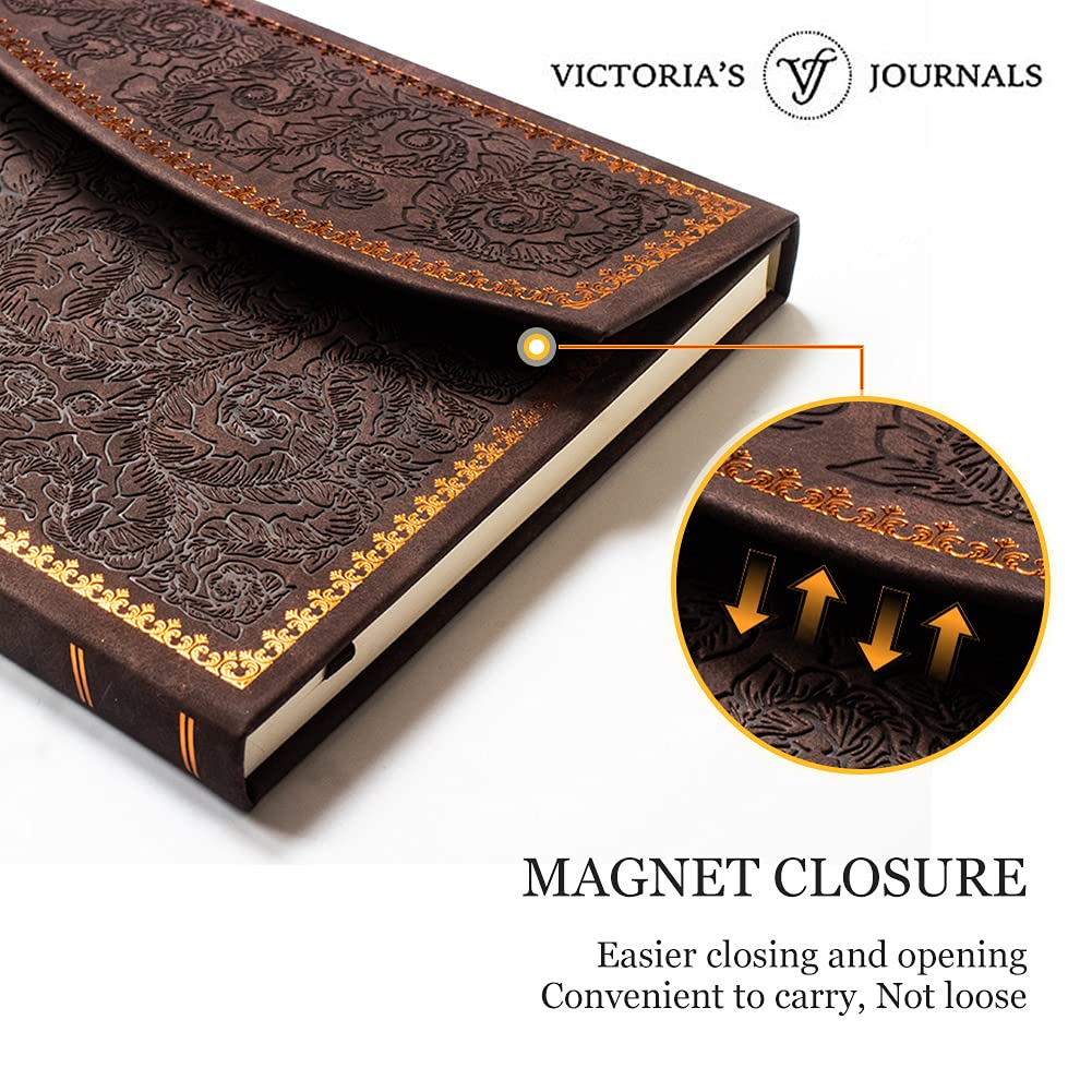 VICTORIA'S JOURNALS Magnet Journal, Carving Vintage Notebook Faux Leather Hard Cover Personal Diary Lined Pages Ribbon Bookmark, 8'' x 5.7''