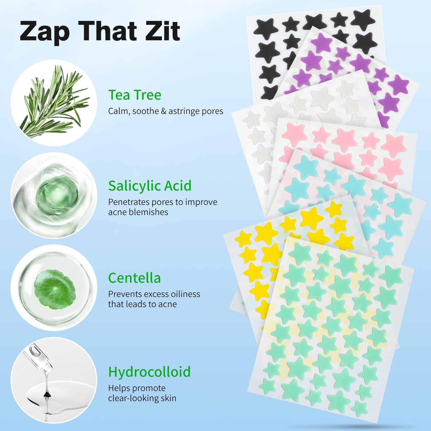 Pimple Patches for Face, Hydrocolloid Acne Patches, Cute Star Zit Covers, Colorful Spot Stickers with Tea Tree, Salicylic Acid & Cica Oil| 3 Sizes (10mm, 12mm & 14mm) |200 Count