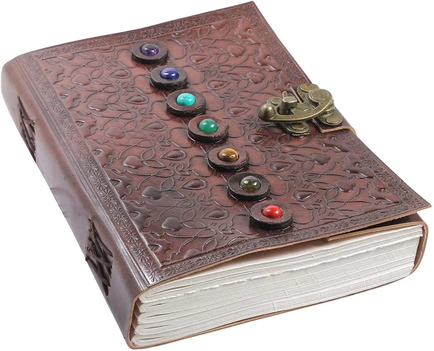 Leather Book of Shadows Journal, Supernatural Notebook with Chakra Gem Stones Healing Crystals and Latch, by AzureGreen (Brown Single Lock)