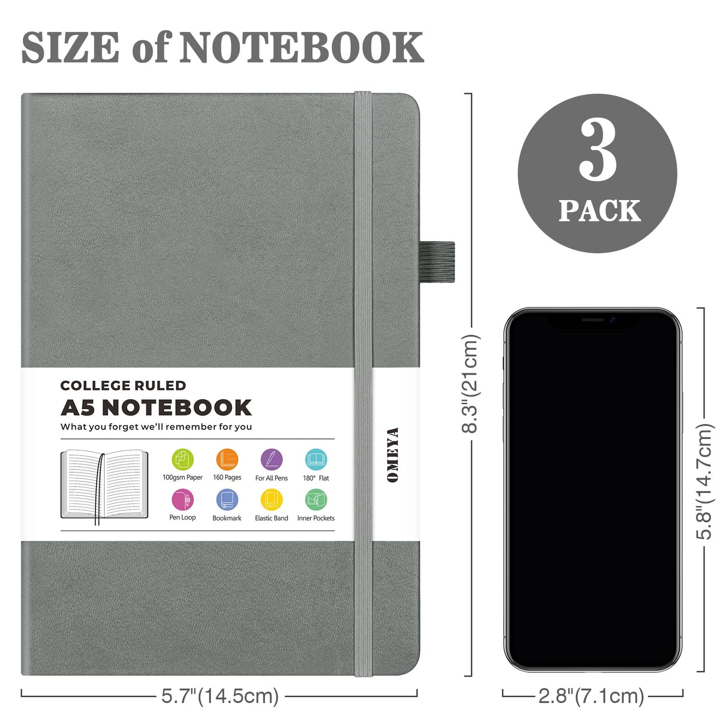 Lined Journal Notebook, 3 Pack A5 College Ruled Notebooks for Work, Hardcover Notebook Each with 2 Pockets & Pen, Leather Journal for Women, Men, 160 Pages, 100GSM Thick Paper (Black, Brown, Grey)