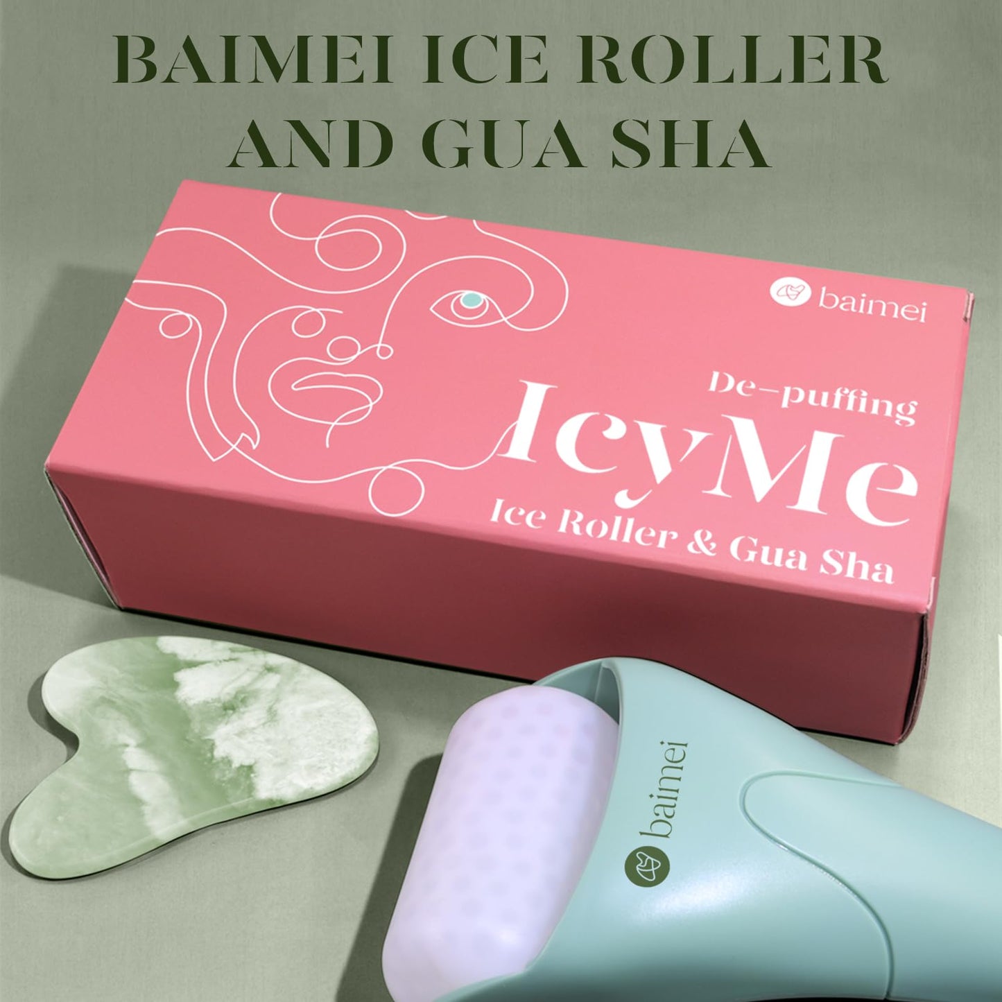 BAIMEI IcyMe Ice Roller for Face Women and Gua Sha Facial Tool Set, Ice Face Roller Reduces Puffiness, Relieves Migraines, Skin Care Tools, Self Care Gift for Women - Pink