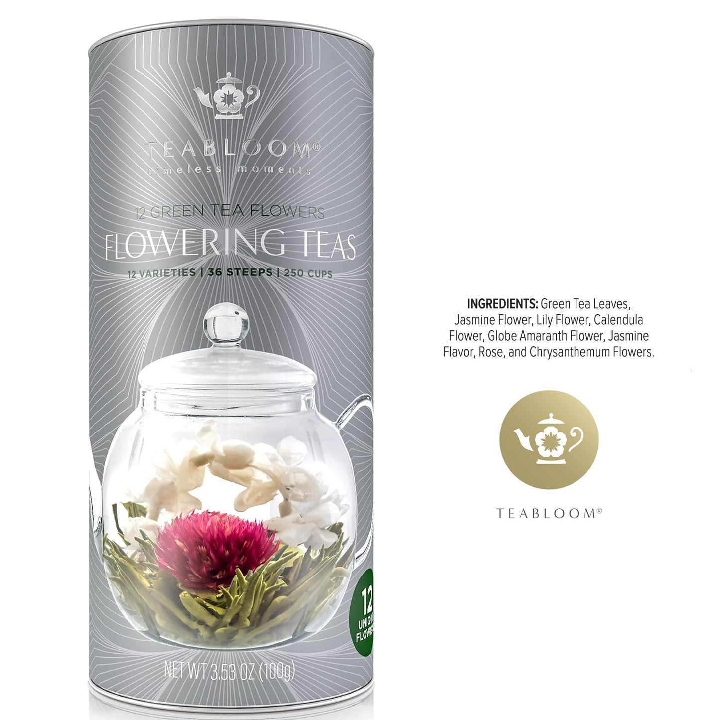 Teabloom Flowering Tea - 12 Unique Varieties of Blooming Tea Flowers - Hand-Tied Green Tea Leaves & Edible Flowers - 12-Pack Gift Canister