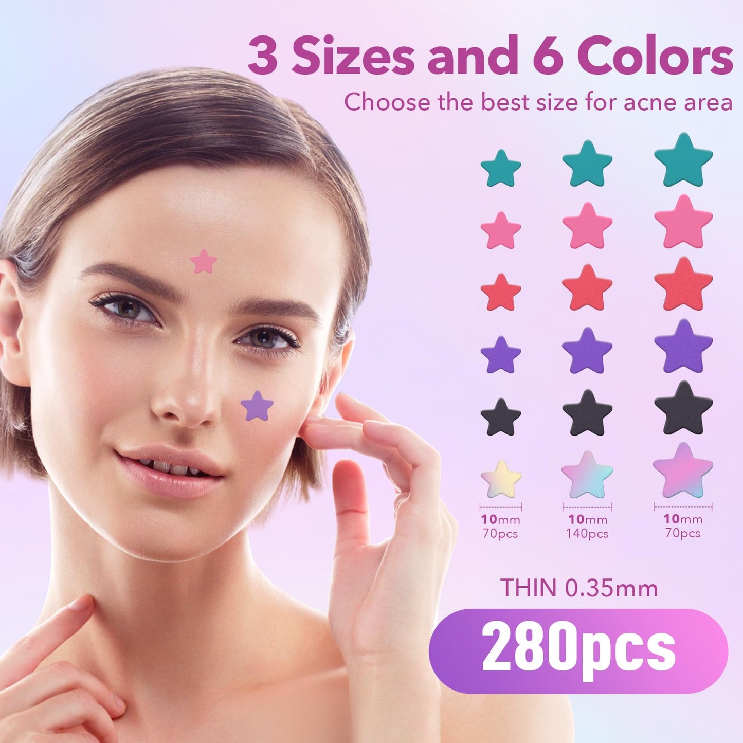 Pimple Patches for Face, Hydrocolloid Acne Patches, Cute Star Zit Covers, Colorful Spot Stickers with Tea Tree, Salicylic Acid & Cica Oil| 3 Sizes (10mm, 12mm & 14mm) |200 Count