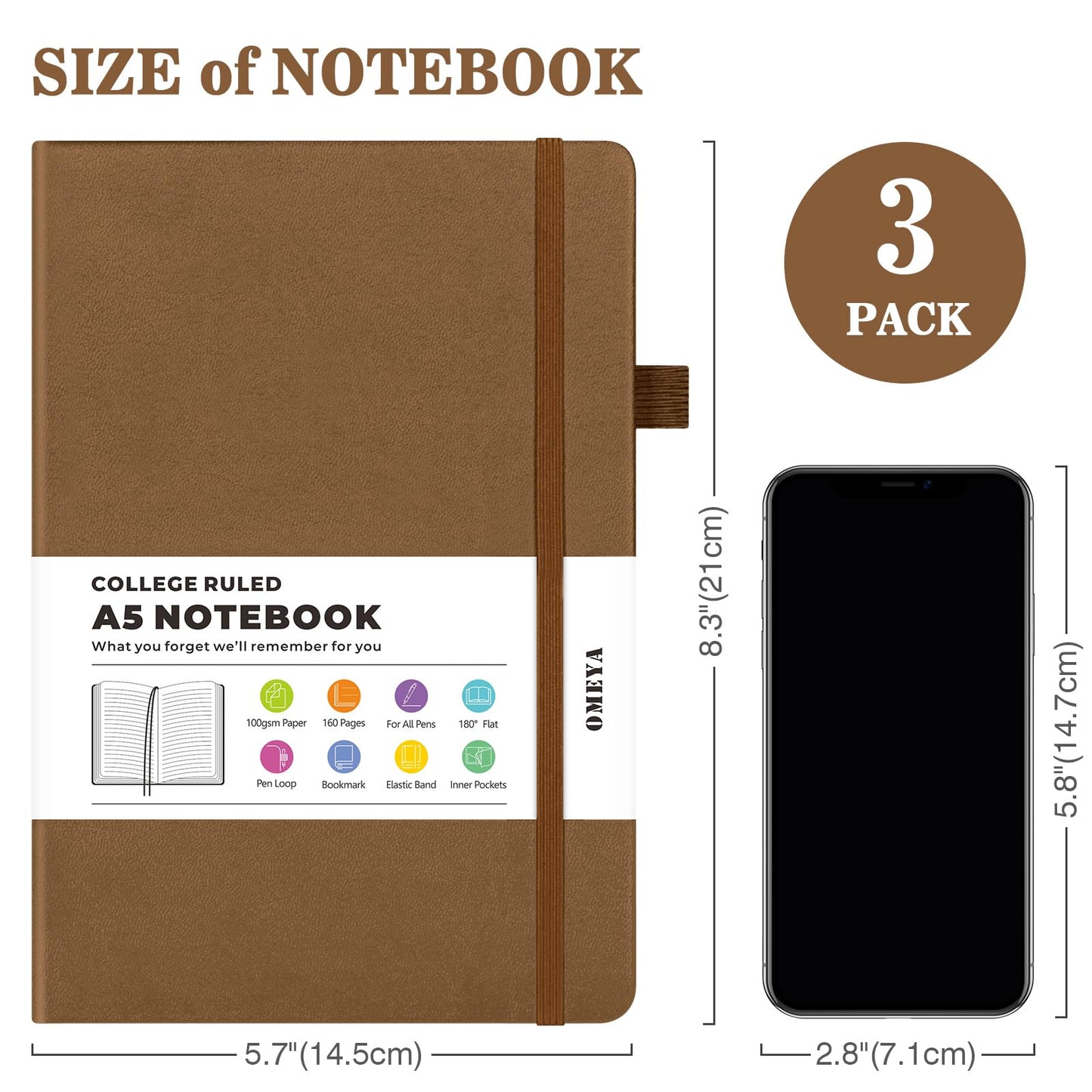 Lined Journal Notebook, 3 Pack A5 College Ruled Notebooks for Work, Hardcover Notebook Each with 2 Pockets & Pen, Leather Journal for Women, Men, 160 Pages, 100GSM Thick Paper (Black, Brown, Grey)