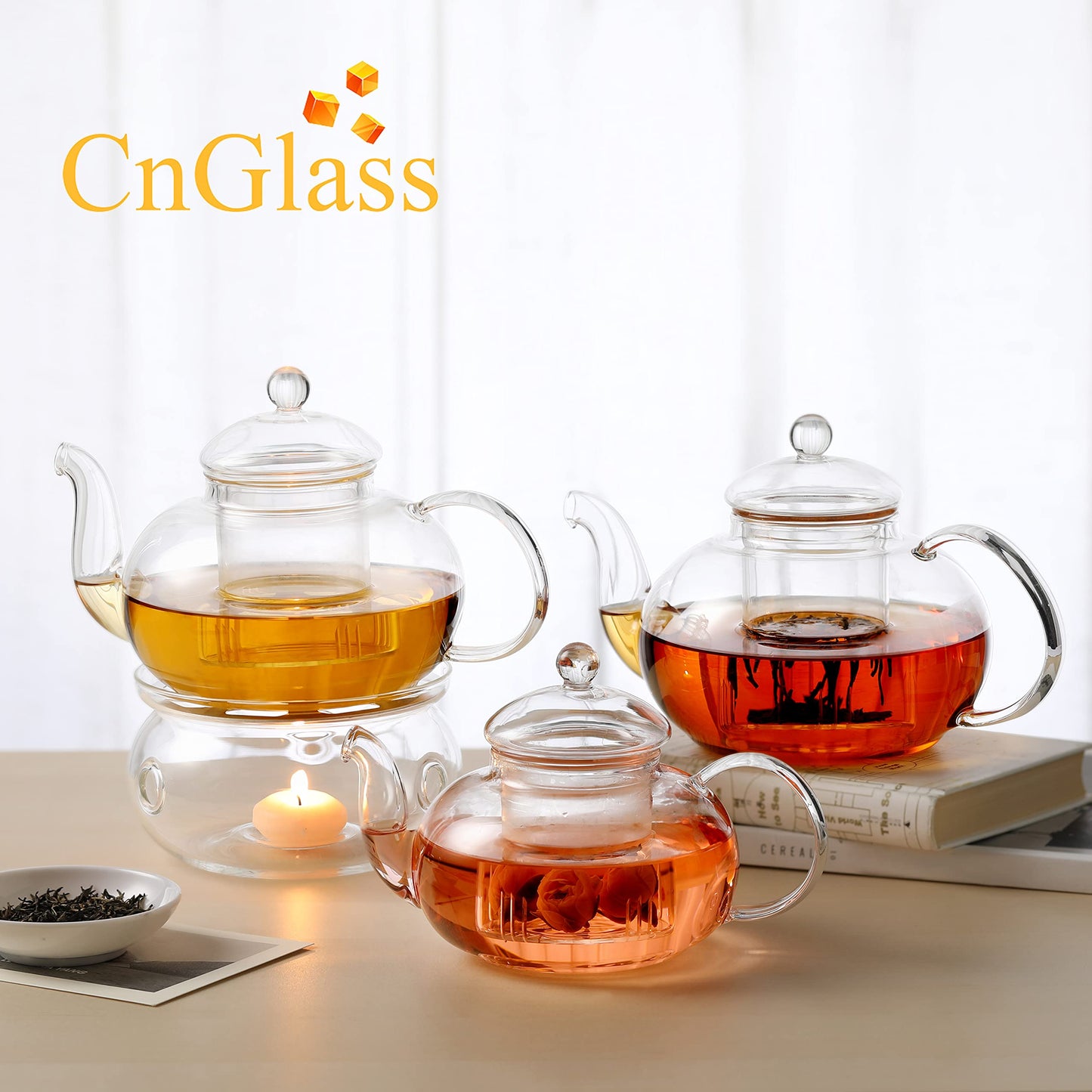 CNGLASS Glass Teapot Stovetop Safe,Clear Teapot with Removable Infuser 20.3 oz,Loose Leaf and Blooming Tea Maker