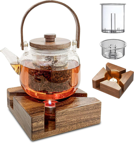 Glass Teapot Stovetop with Wooden Stand - Borosilicate Glass Kettle with 2 Type Removable Infuser & Wooden Lid - Gas Electric Stovetop - Smooth surface - Tea Connoisseur's Choice - 34 Oz