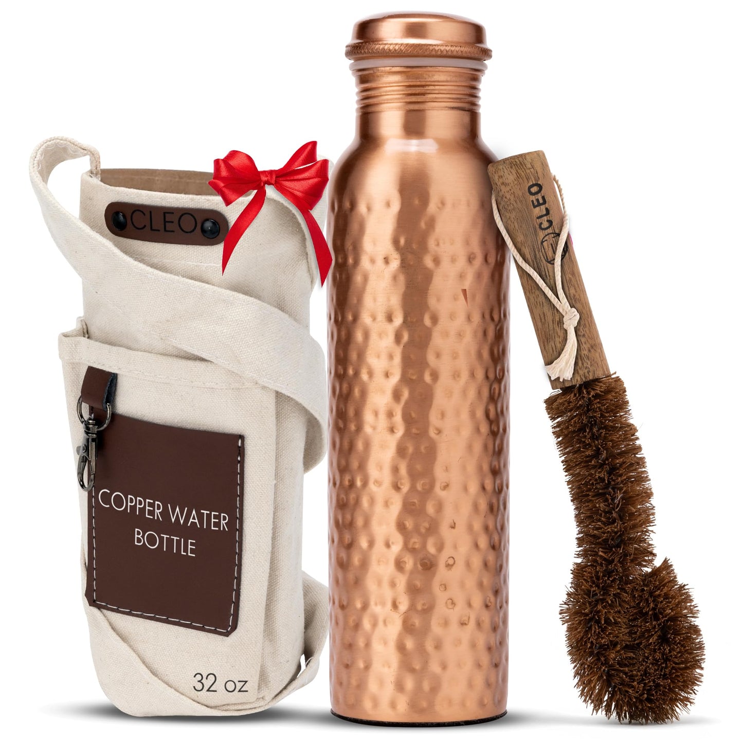 CLEO HOME 100% Pure Copper Water Bottle for Drinking, 32 Oz Large Hammered Ayurvedic Copper Bottle with Canvas Bag & Cleaning Brush, Leak-Proof Insulated Pure Copper Vessel