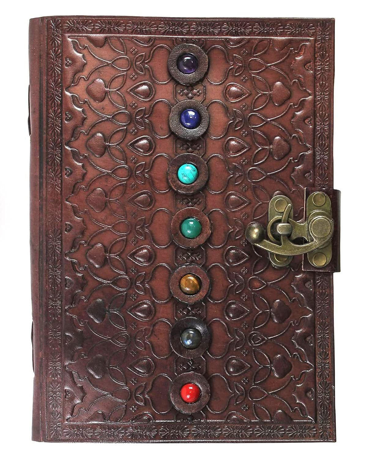 Leather Book of Shadows Journal, Supernatural Notebook with Chakra Gem Stones Healing Crystals and Latch, by AzureGreen (Brown Single Lock)