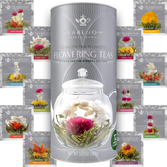 Teabloom Flowering Tea - 12 Unique Varieties of Blooming Tea Flowers - Hand-Tied Green Tea Leaves & Edible Flowers - 12-Pack Gift Canister