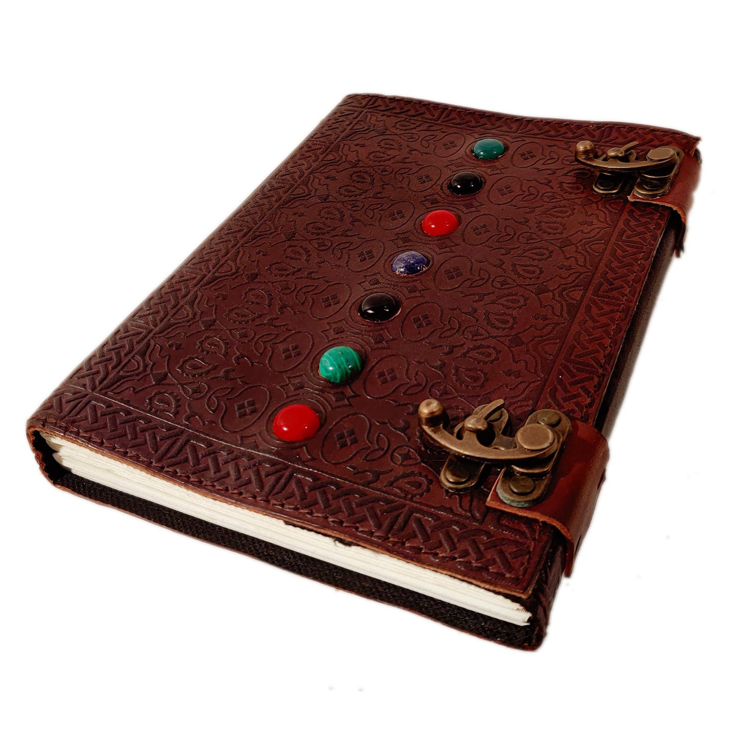 Leather Book of Shadows Journal, Supernatural Notebook with Chakra Gem Stones Healing Crystals and Latch, by AzureGreen (Brown Single Lock)