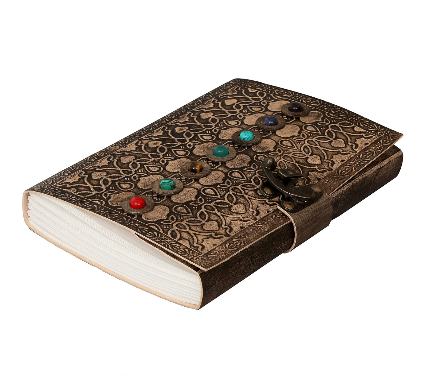 Leather Book of Shadows Journal, Supernatural Notebook with Chakra Gem Stones Healing Crystals and Latch, by AzureGreen (Brown Single Lock)