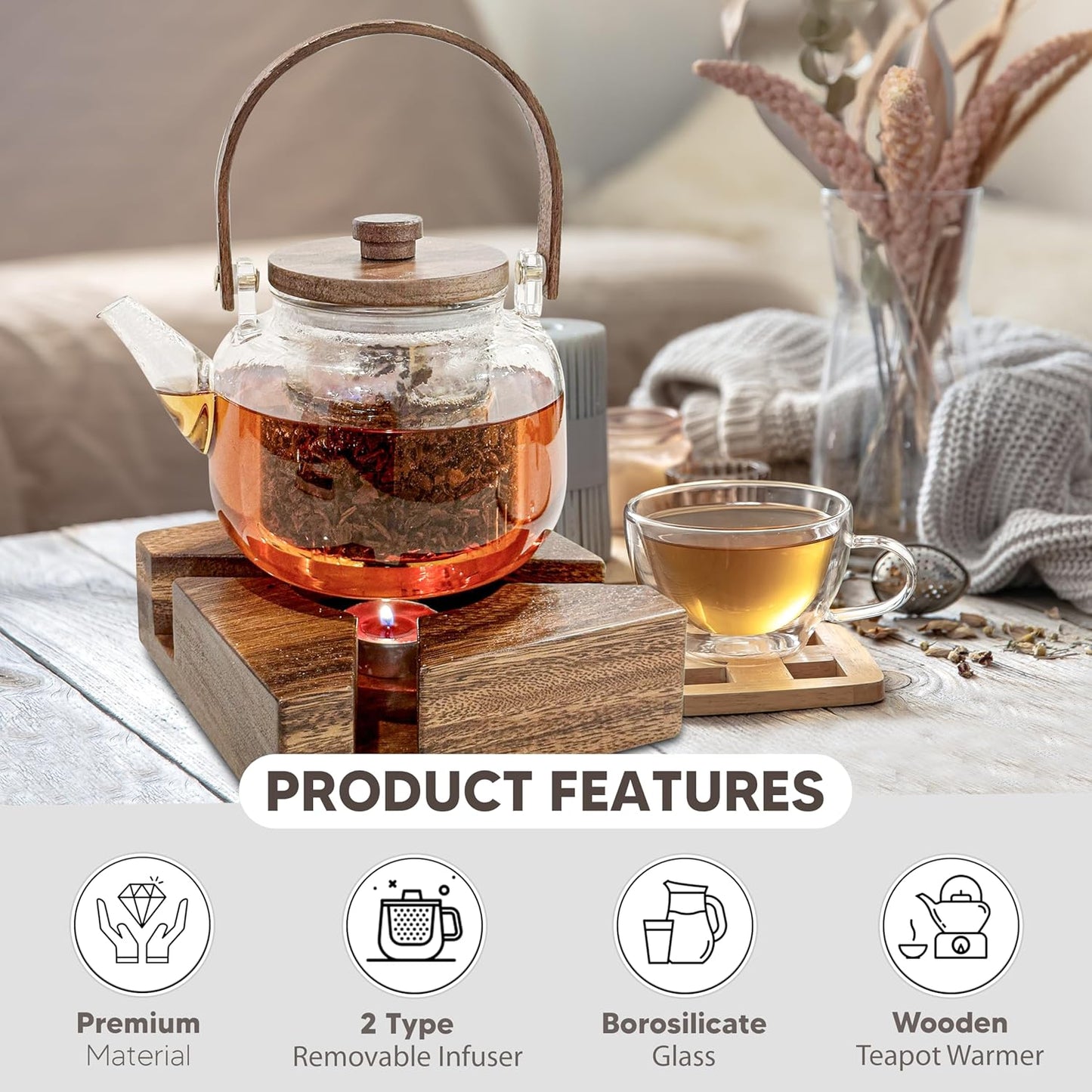 Glass Teapot Stovetop with Wooden Stand - Borosilicate Glass Kettle with 2 Type Removable Infuser & Wooden Lid - Gas Electric Stovetop - Smooth surface - Tea Connoisseur's Choice - 34 Oz