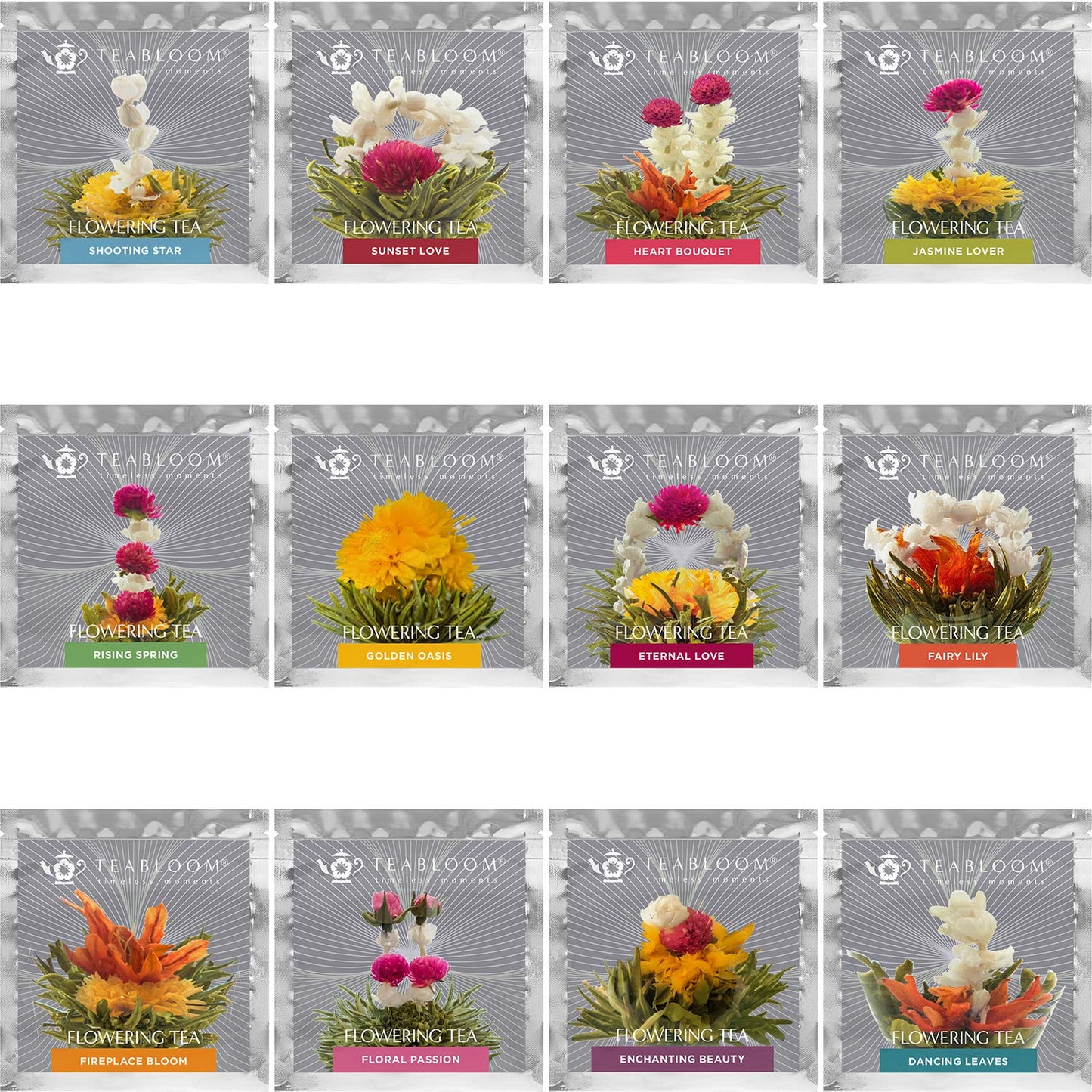 Teabloom Flowering Tea - 12 Unique Varieties of Blooming Tea Flowers - Hand-Tied Green Tea Leaves & Edible Flowers - 12-Pack Gift Canister