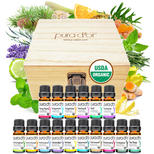 PURA D'OR Organic Sweet16 Essential Oils Set - 16x 10mL Wood Box Aromatherapy Gift Set - 100% Pure Therapeutic Grade for Relaxation and Wellness (Lavender, Rosemary, Turmeric, Ylang Ylang & More)