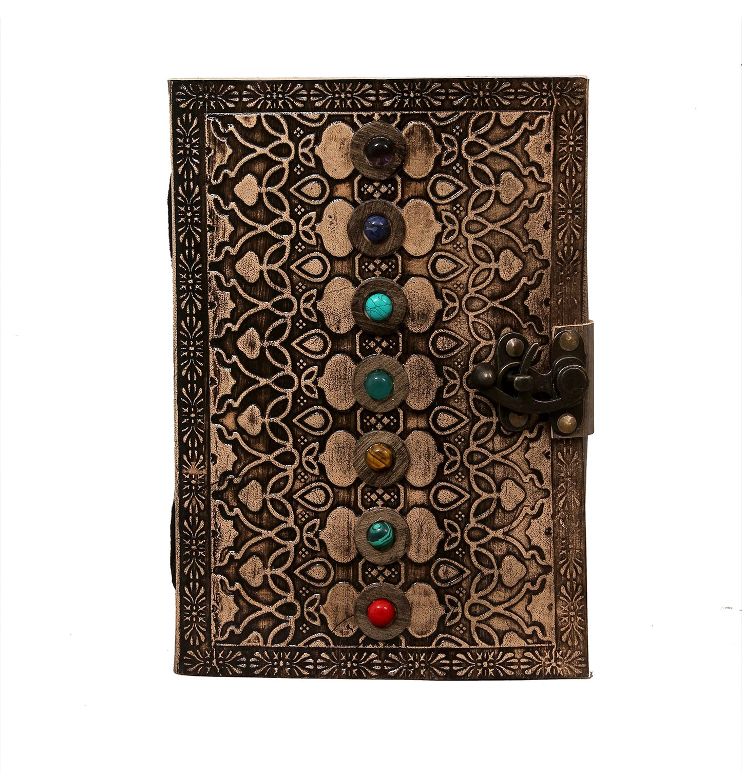 Leather Book of Shadows Journal, Supernatural Notebook with Chakra Gem Stones Healing Crystals and Latch, by AzureGreen (Brown Single Lock)