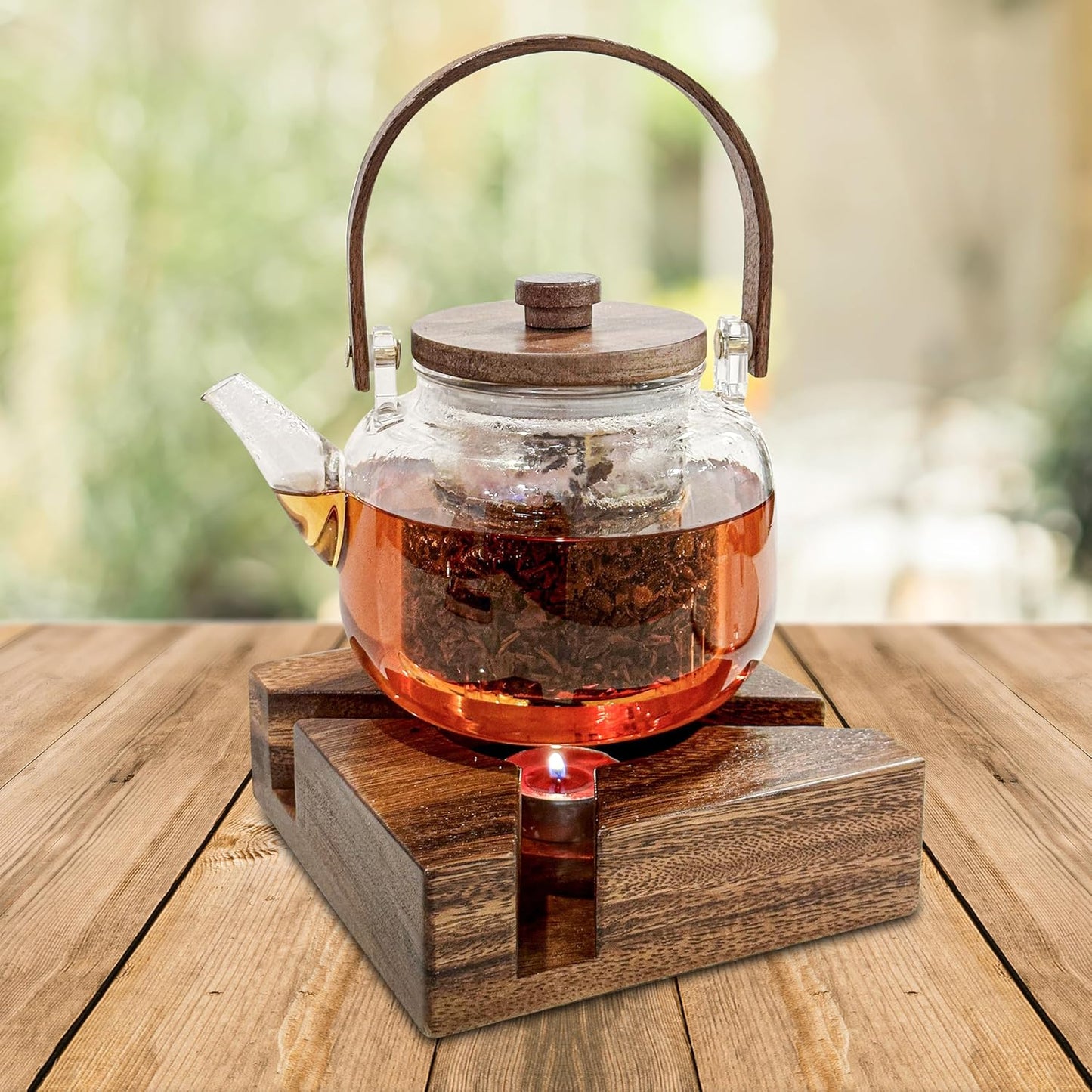 Glass Teapot Stovetop with Wooden Stand - Borosilicate Glass Kettle with 2 Type Removable Infuser & Wooden Lid - Gas Electric Stovetop - Smooth surface - Tea Connoisseur's Choice - 34 Oz