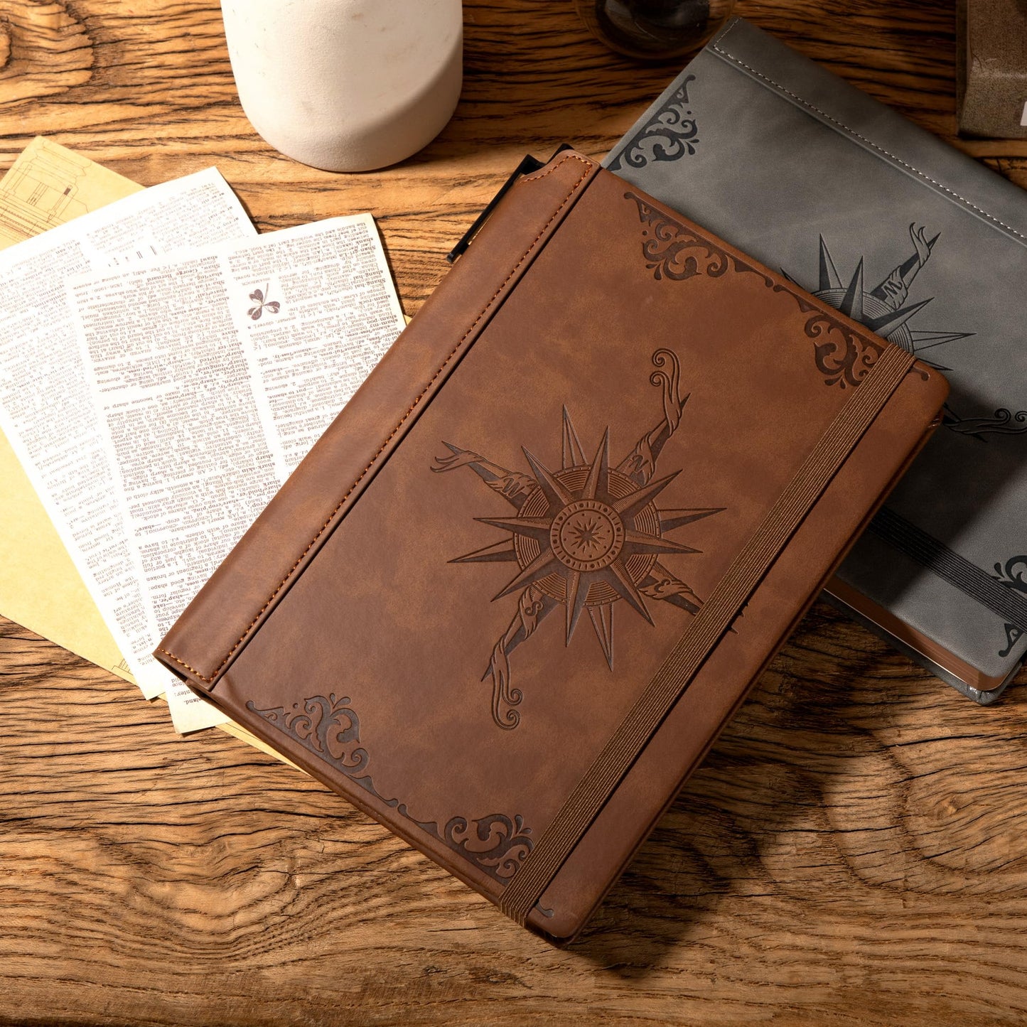 CAGIE Compass Leather Notebook Journal for Men, 100 GSM 288 Pages Lined Journals for Writing, A5 Hardcover Journaling Notebooks Valentines Day Gifts for Him for Travel Office Daily Writing