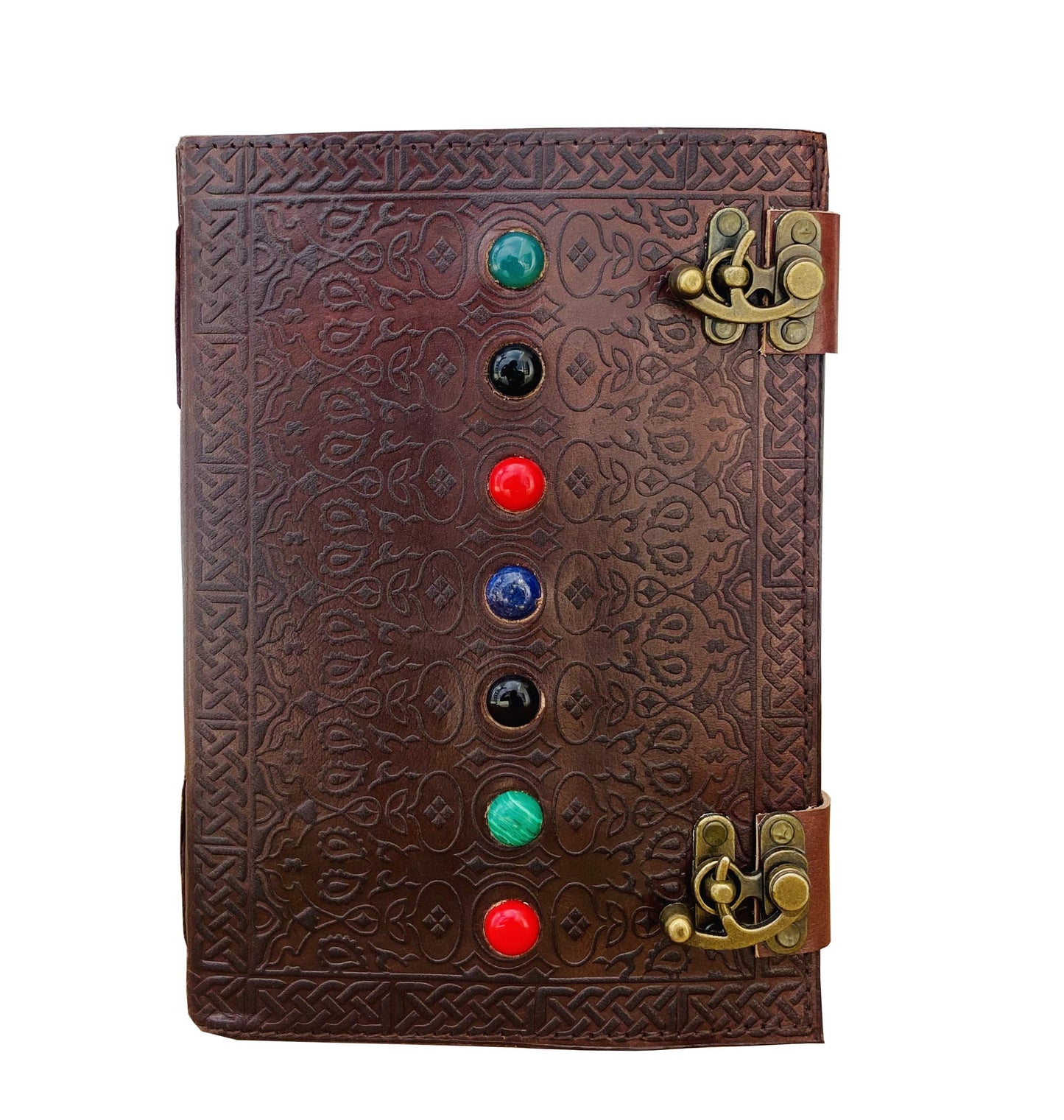 Leather Book of Shadows Journal, Supernatural Notebook with Chakra Gem Stones Healing Crystals and Latch, by AzureGreen (Brown Single Lock)