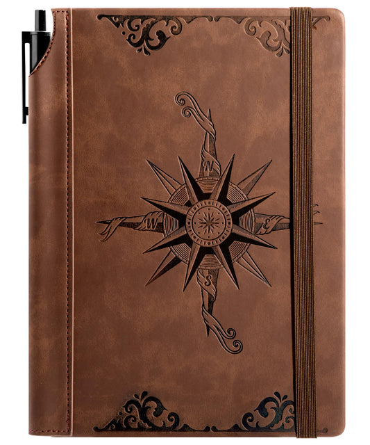 CAGIE Compass Leather Notebook Journal for Men, 100 GSM 288 Pages Lined Journals for Writing, A5 Hardcover Journaling Notebooks Valentines Day Gifts for Him for Travel Office Daily Writing