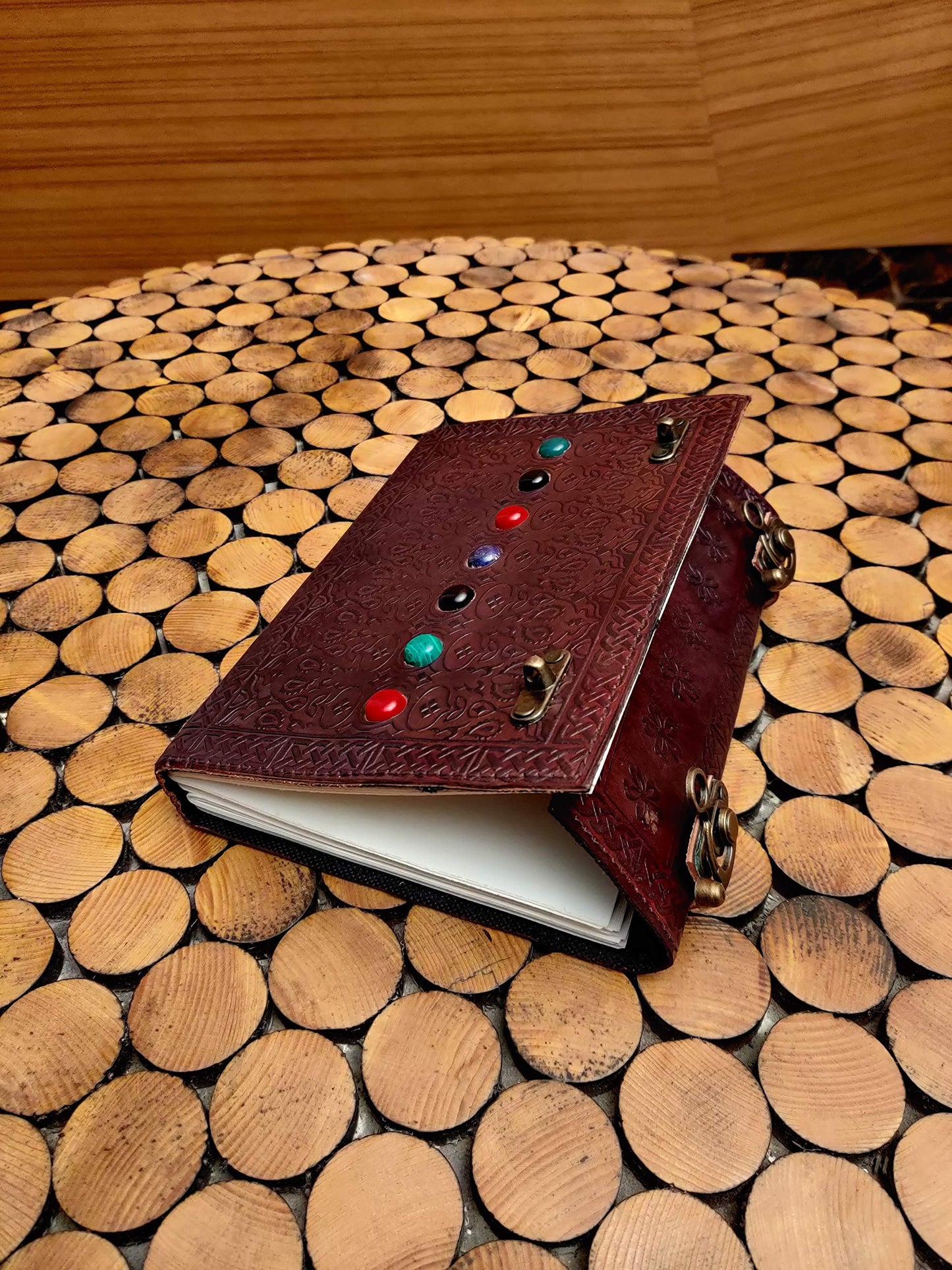 Leather Book of Shadows Journal, Supernatural Notebook with Chakra Gem Stones Healing Crystals and Latch, by AzureGreen (Brown Single Lock)