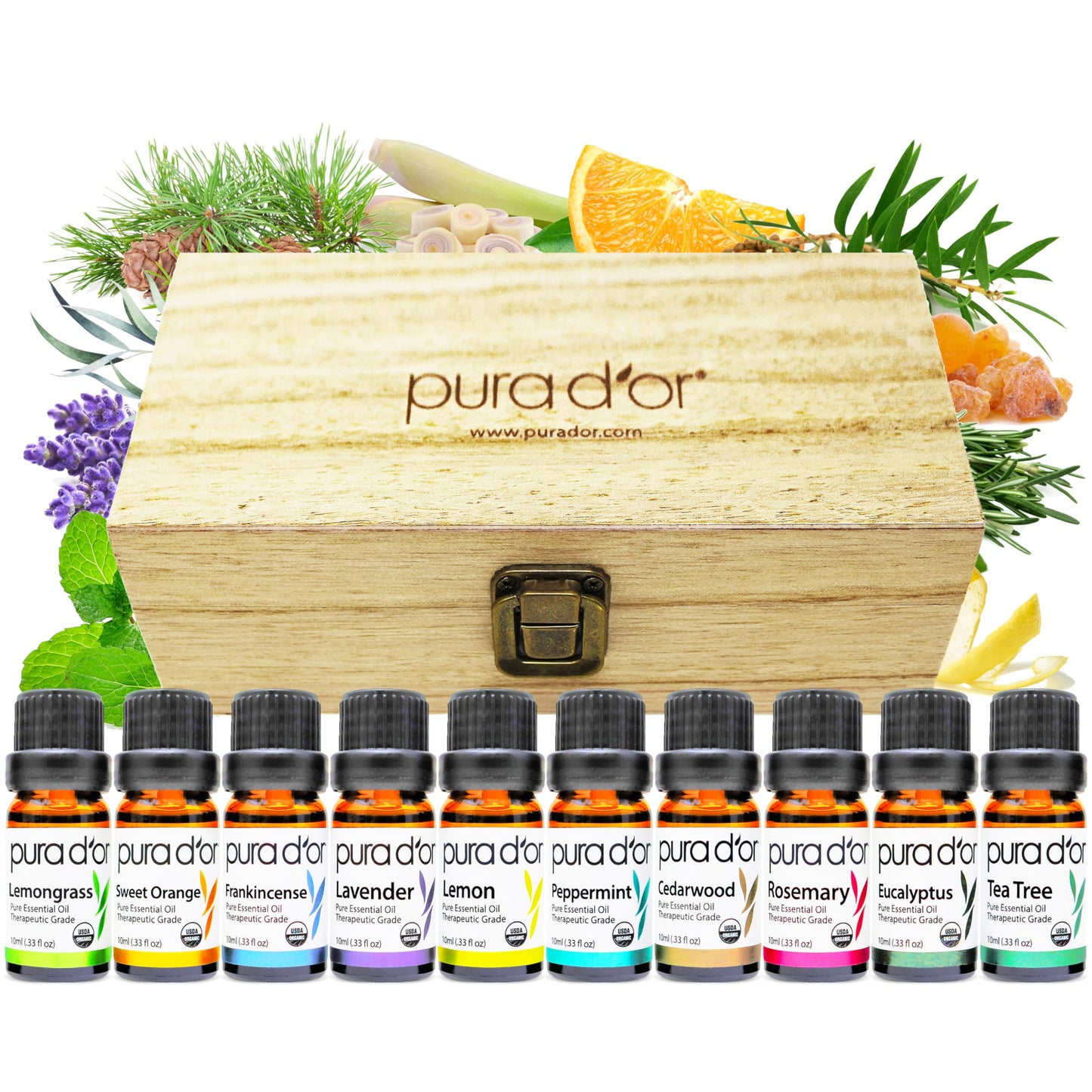 PURA D'OR Organic Sweet16 Essential Oils Set - 16x 10mL Wood Box Aromatherapy Gift Set - 100% Pure Therapeutic Grade for Relaxation and Wellness (Lavender, Rosemary, Turmeric, Ylang Ylang & More)